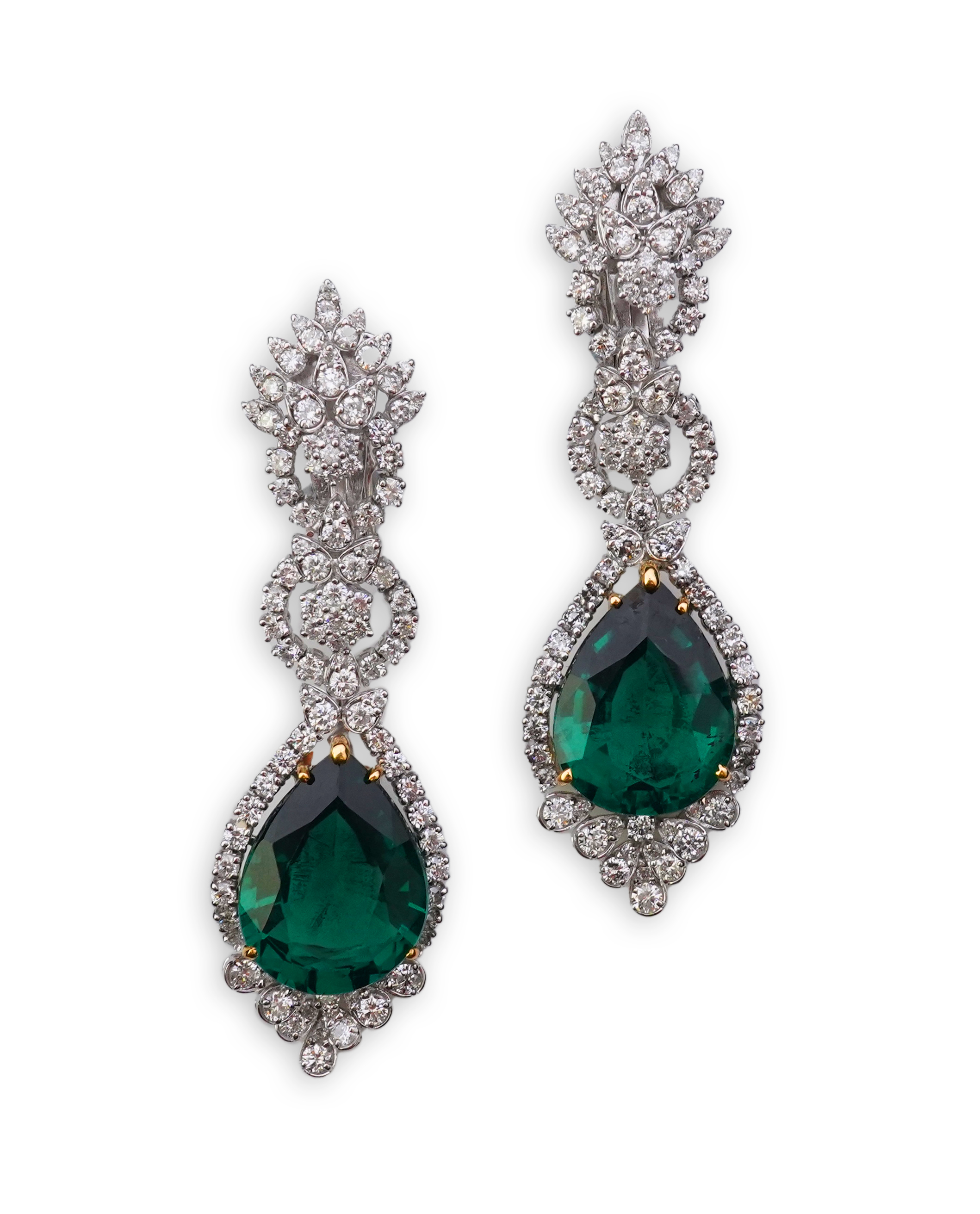 A pair of synthetic green quartz and diamond earrings